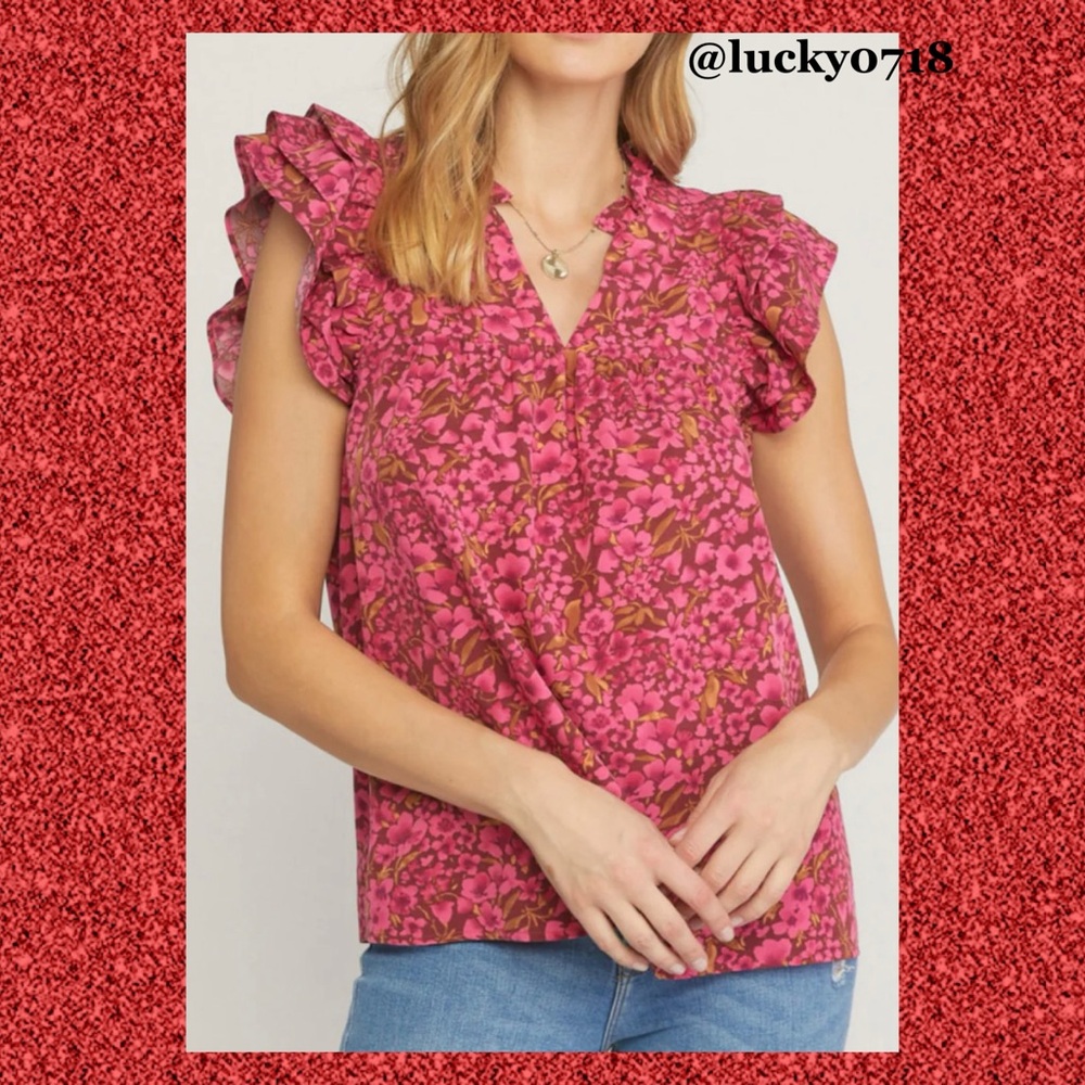 Vici EUC Floral Print V-Neck Ruffle Short Sleeve Top in Burgundy Sz S